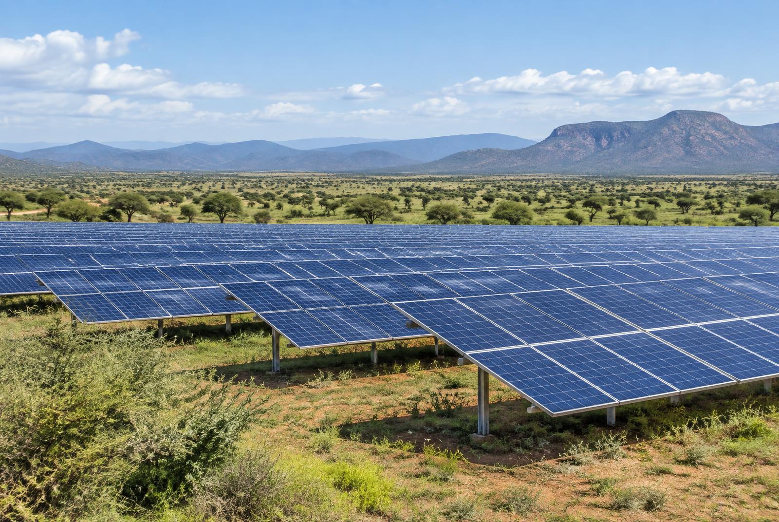 Solar infrastructure set within the East African landscape